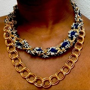 Navy Blue Fabric and Chunky Gold Chain Necklace